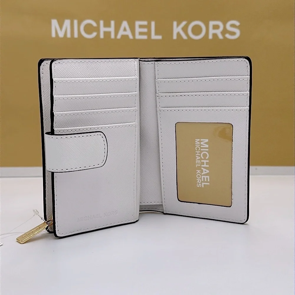 Michael Medium Crossgrain Leather Bifold Wallet Optic White  NWT